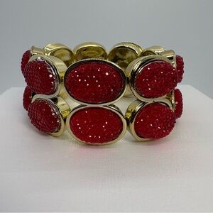 Double Row Red Crystal Rhinestone Statement Stretch Bracelet in Gold Tone